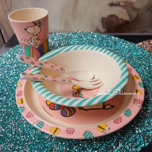 4 New Peanuts Snoopy & Woodstock Kids Easter Egg Dinner Plate Bowl Cup Utensils - Picture 3 of 12